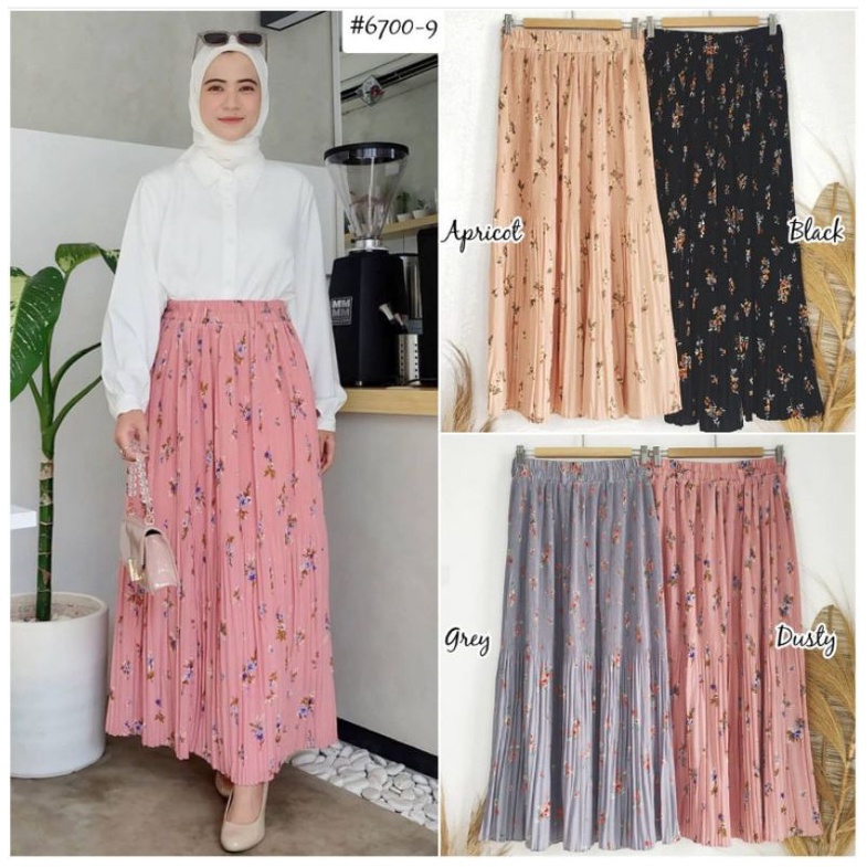 Rok panjang plisket korea kekinian motif bunga
