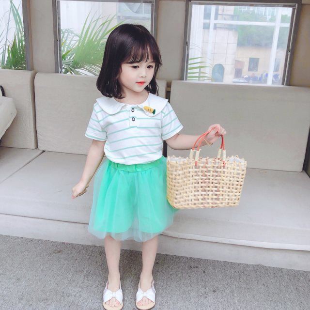 Baju setelan anak perempuan celana rok tutu+ kaos stripped kerah kelinci set anak cewek import-3