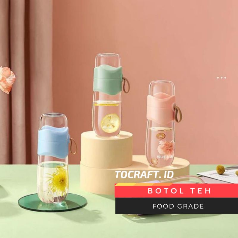 Tea Infuser Botol Minum unik Kaca bening 330ml / RELEA Infused Water Bottle-1