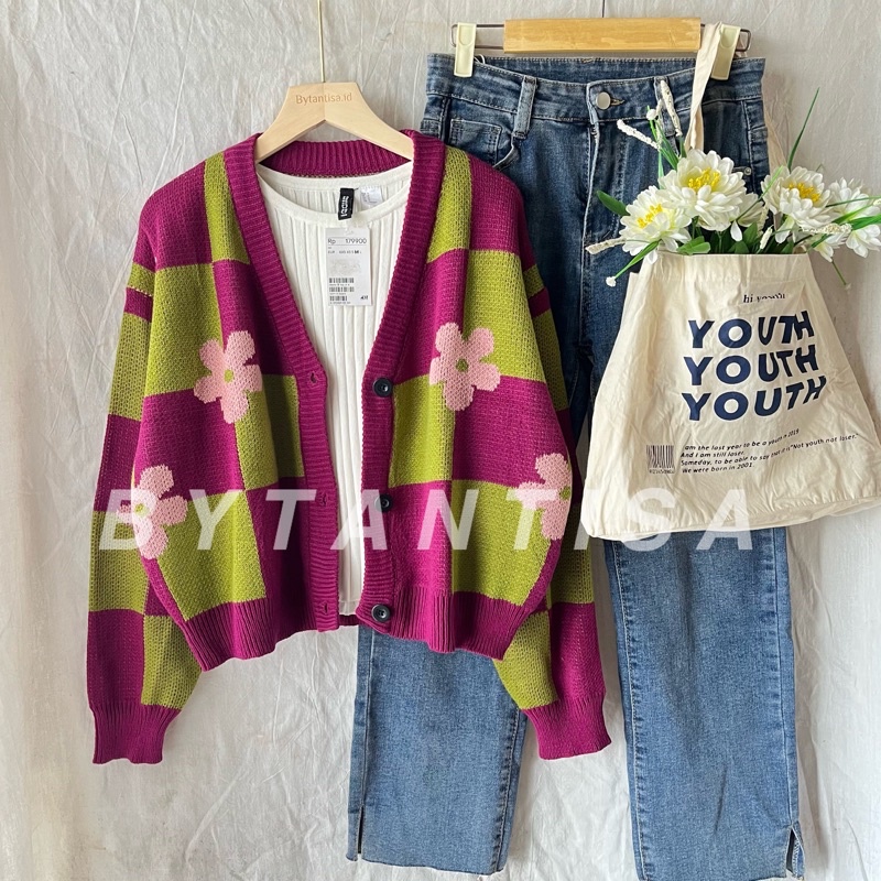 CARDIGAN RAJUT CROP MOTIF KOTAK MIX FLOWER MODEL PENDEK PREMIUM QUALITY