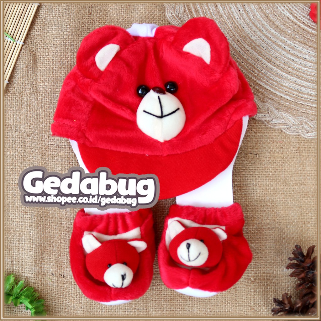 Topi Set Bulu Charakter OKIYO / Topi Bayi Newborn + Kaos Kaki Bulu - gedabug