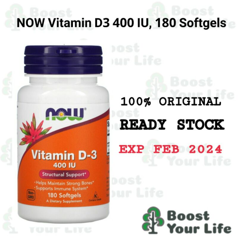 NOW Vitamin D3 400 IU, 180 softgels vit D3 400iu
