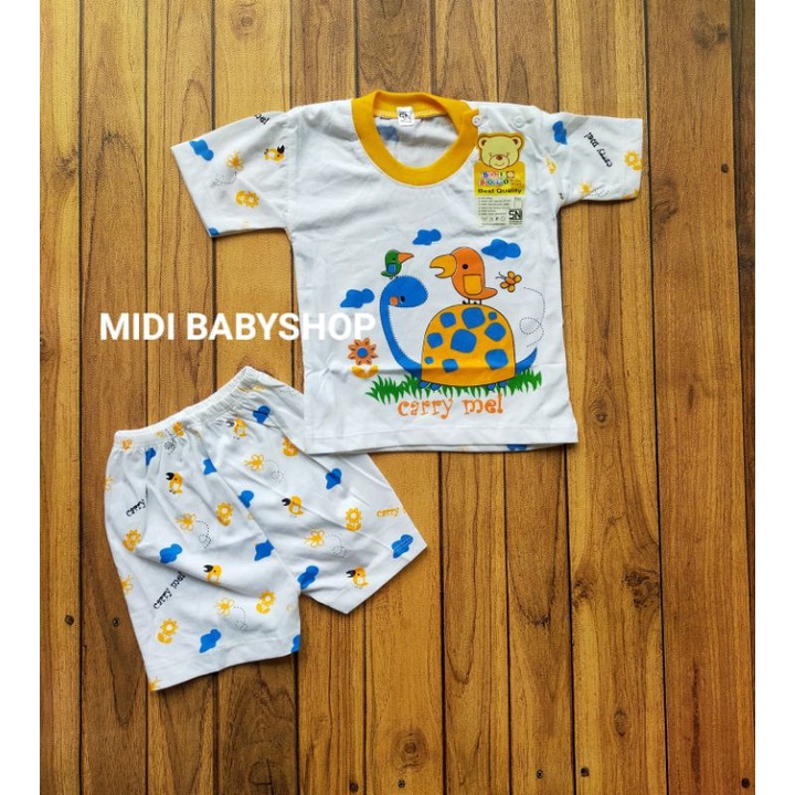 Setelan Piyama Baju Bayi Pendek Kancing Pundak 3-18 Bulan Bolo Bolo Motif Carry Mel