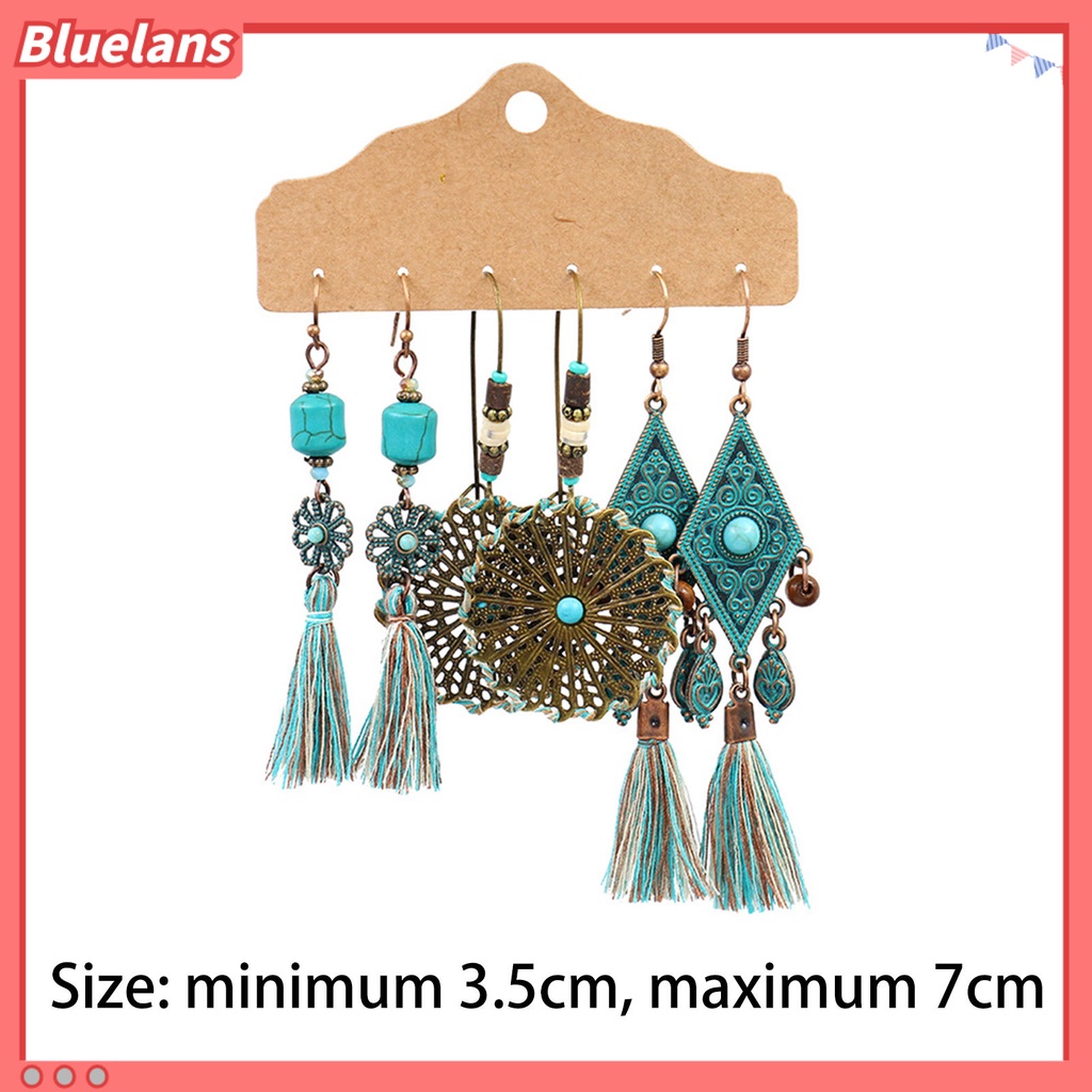 Bluelans 3 Pasang Anting Kait Gantung Wanita Desain Geometri Hias Rumbai Bahan Alloy Gaya Bohemian