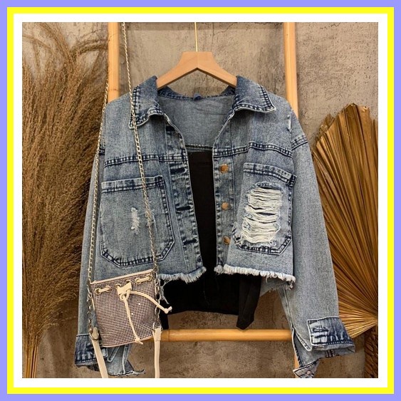 Jaket Jeans Jaket Jins Oversize Crop Wanita Lepis Jaket Cewek Jaket Levis Casual Ripped  Terbaru Jak