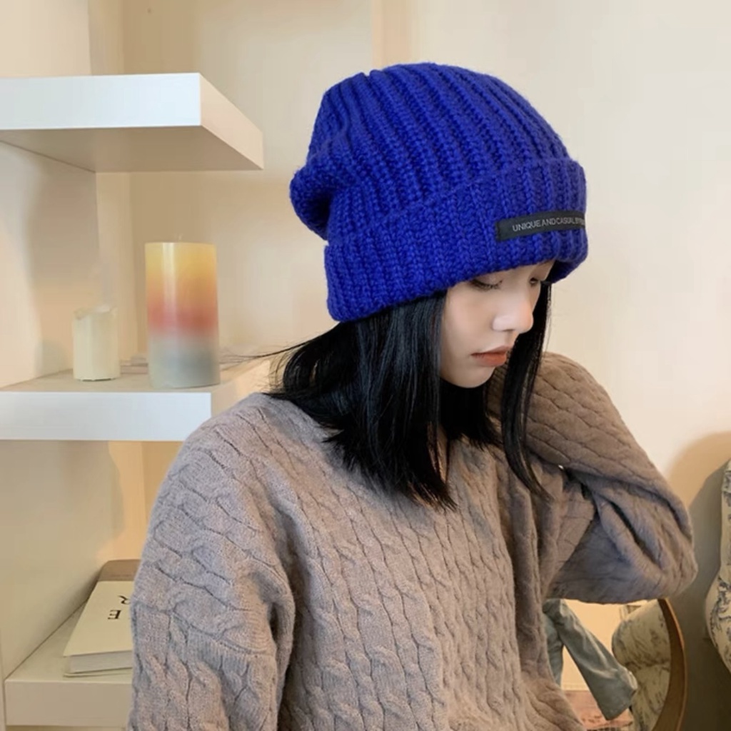 Topi Rajut Bahan Wol Tebal Hangat Warna Solid Gaya Korea Untuk Wanita-6 Biru Kerajaan