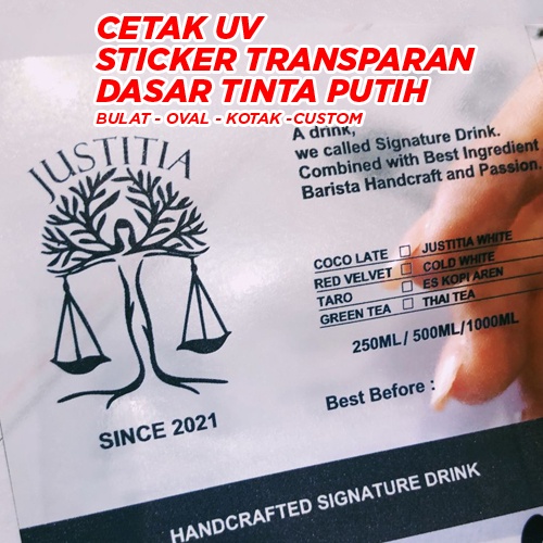 

PRINT UV STICKER LABEL KEMASAN TRANSPARAN dengan WARNA + TINTA PUTIH