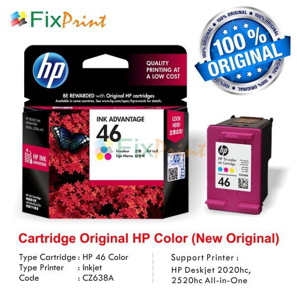 Cartridge HP 46 Tri-Color CZ638AA Refill Tinta Printer Deskjet Ink Advantage 2020hc 2029 2520hc 4729