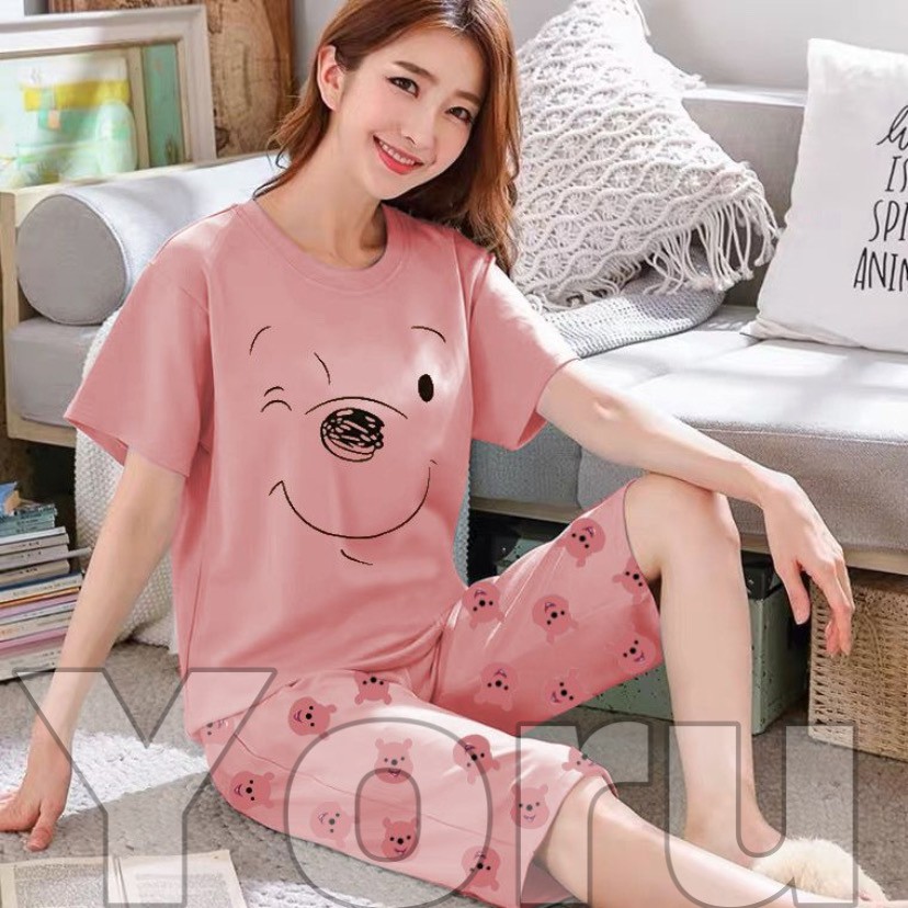 Pamelo.id Stelan C3/4 Baby Doll / Suplier Sleep Wear / Baju Tidur Wanita kaos Katun / Stelan Baju Tidur Murah Produk Terlaris Set HP-C3/4 P00H salem