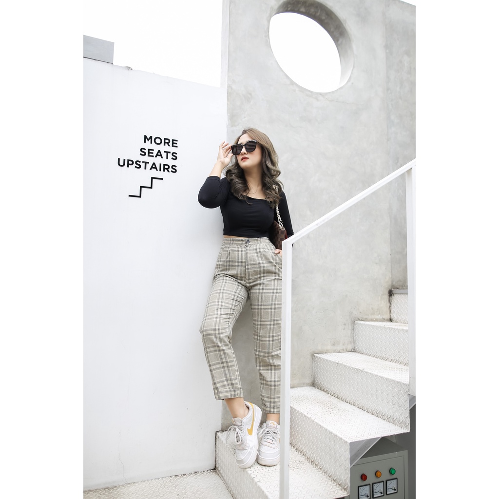 Celana tartan zara | kotak-kotak | celana tartan wanita | byorisha