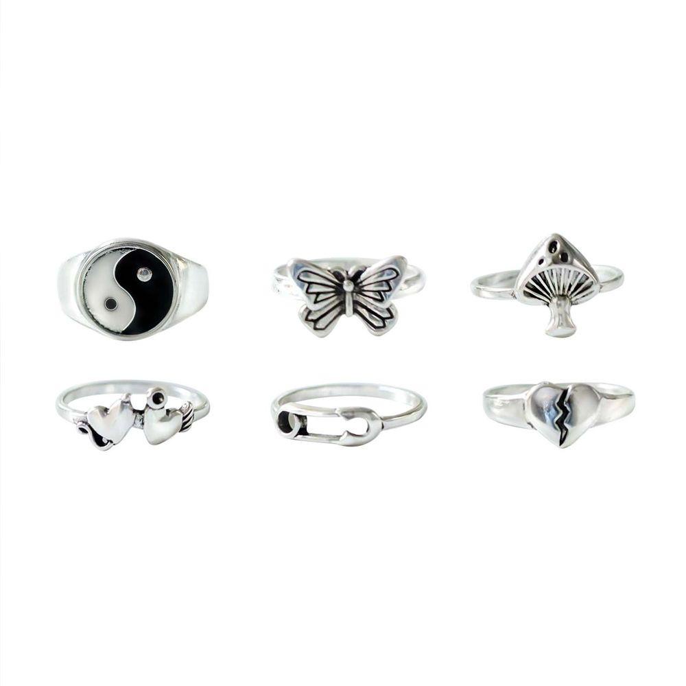 Preva 6Pcs/Set Cincin Retro Set Perhiasan Pesta Hip Hop Pola Hati