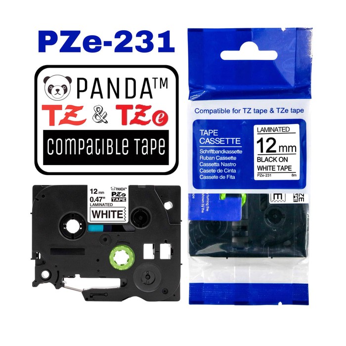 PZe-231 PANDA LABEL TAPE (TZe-231 BROTHER TAPES 12MM BLACK ON WHITE)