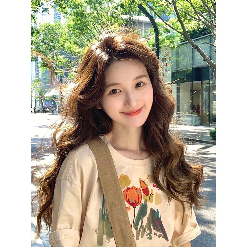 [100%  Katun]Flowers Kaos Cream Lengan Pendek Atasan Wanita Oversize Printed T-shirt Kekinian Korean Style