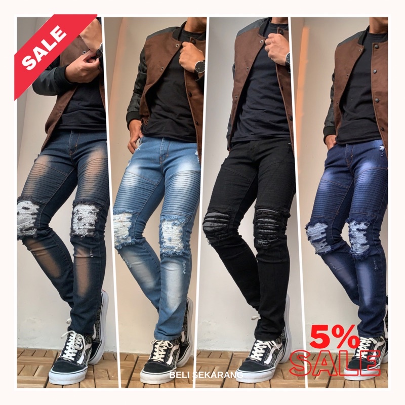 CELANA PANJANG JEANS SOBEK ROMEO BIKER DISTRO ORIGINAL JEANS STRET KOREAN STYLE BOYFRIEND CELANA SLIMFIT