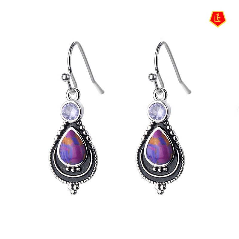 [Ready Stock]Vintage Silver Charoite Earrings Female Fashion Purple Turquoise