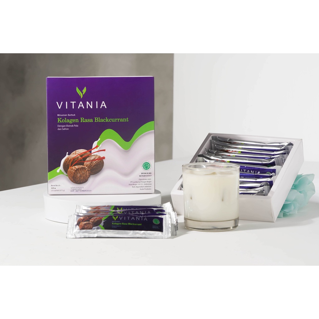 VITANIA Minuman Serbuk Kolagen Rasa Blackcurrant Dengan Ekstrak Pala dan Safron - Mengobati Insomnia Susah Tidur , Membantu Mengontrol Berat Badan, Merawat Kesehatan Rambut, Sendi dan tulang,  Membantu Detoksifikasi Tubuh