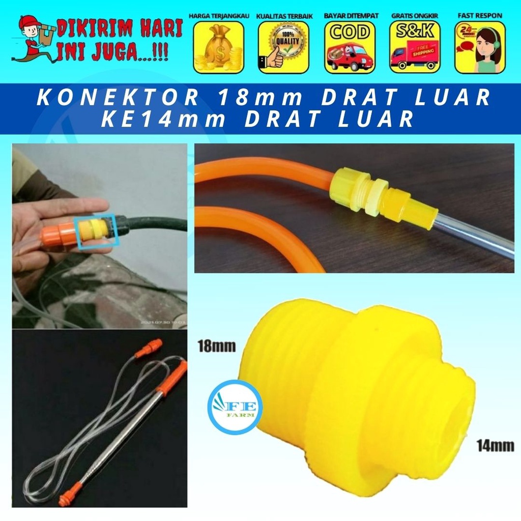 SOCKET KONEKTOR 18MM DRAT LUAR KE 14MM DRAT LUAR/ KONEKTOR STIK PANJANG KE SELANG SPRAYER ELEKTRIK FEFARM