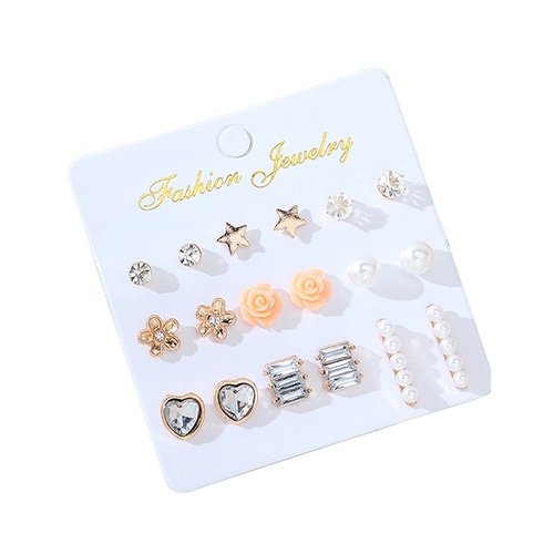 LRC Anting Set Fashion Color Mixing Diamond And Pearl Resin Y65246