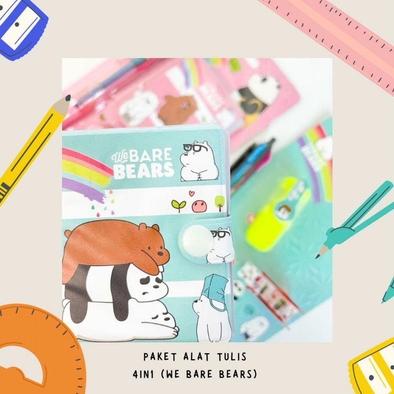 Set alat tulis mini WE BARE BEAR isi 4 buku kecil pulpen highlighter mini solatip paket murah kado unik souvernir