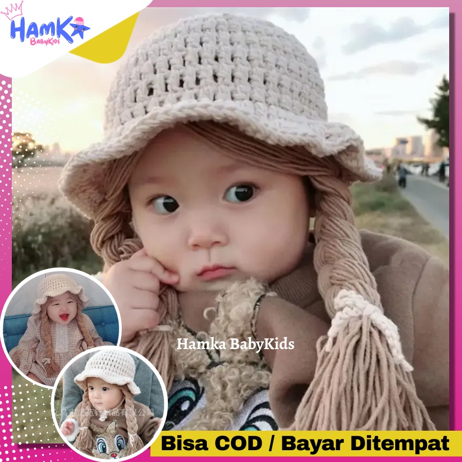 Topi Rajut Anak Perempuan Rambut Kepang Palsu Bayi Perempuan Import Korea Baby Hat Model Tali Kepang