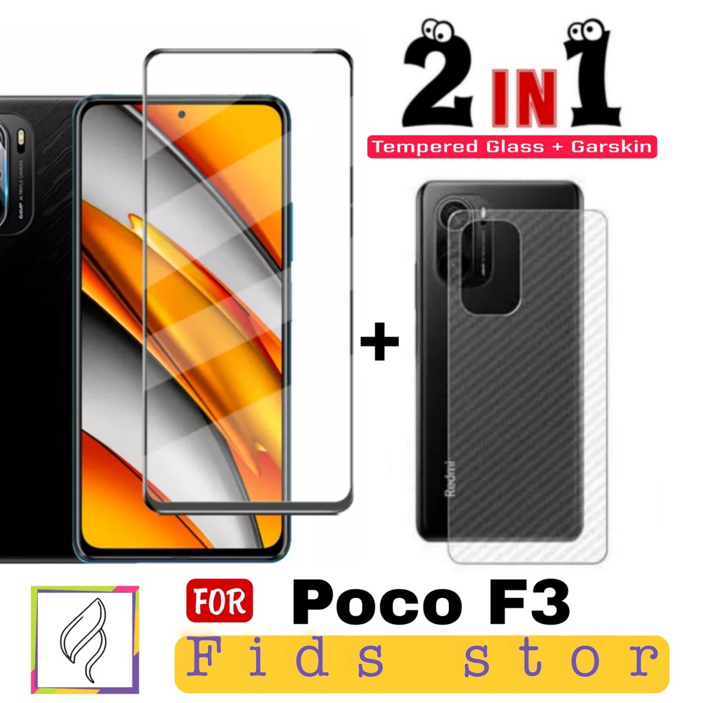 PROMO 2in1 XIAOMI POCO F3 Tempered Glass Anti Gores layar kaca List Hitam Free Garskin Carbon