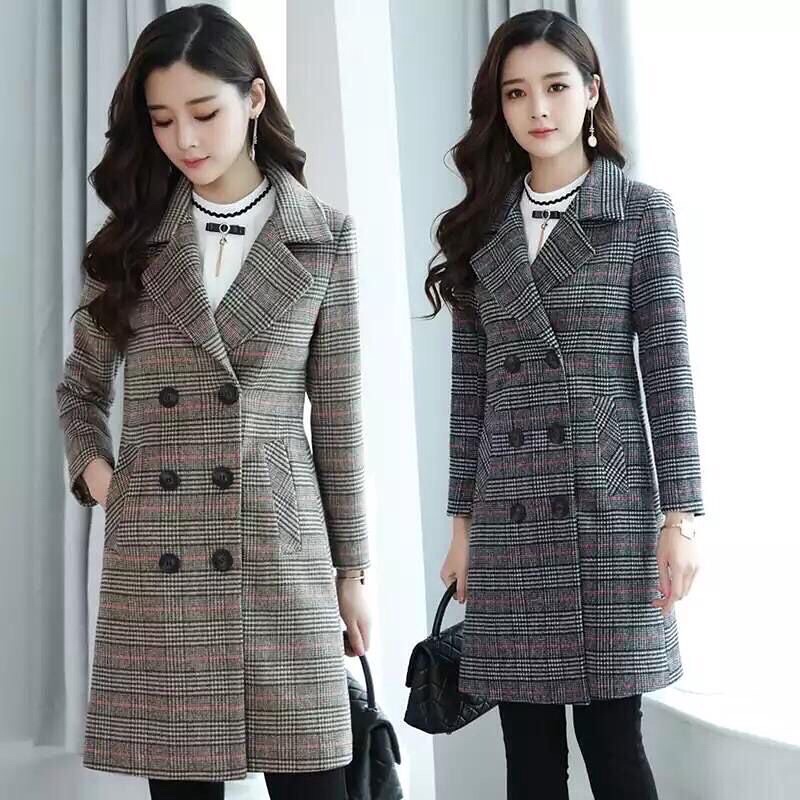Coat Wol Wanita Motif Kotak Bintik Untuk Suhu Dingin