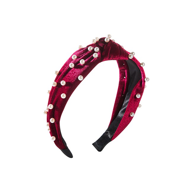 LRC Bando Fashion Red Pearl Gold Velvet Knotted Wide-brimmed Headband D43565