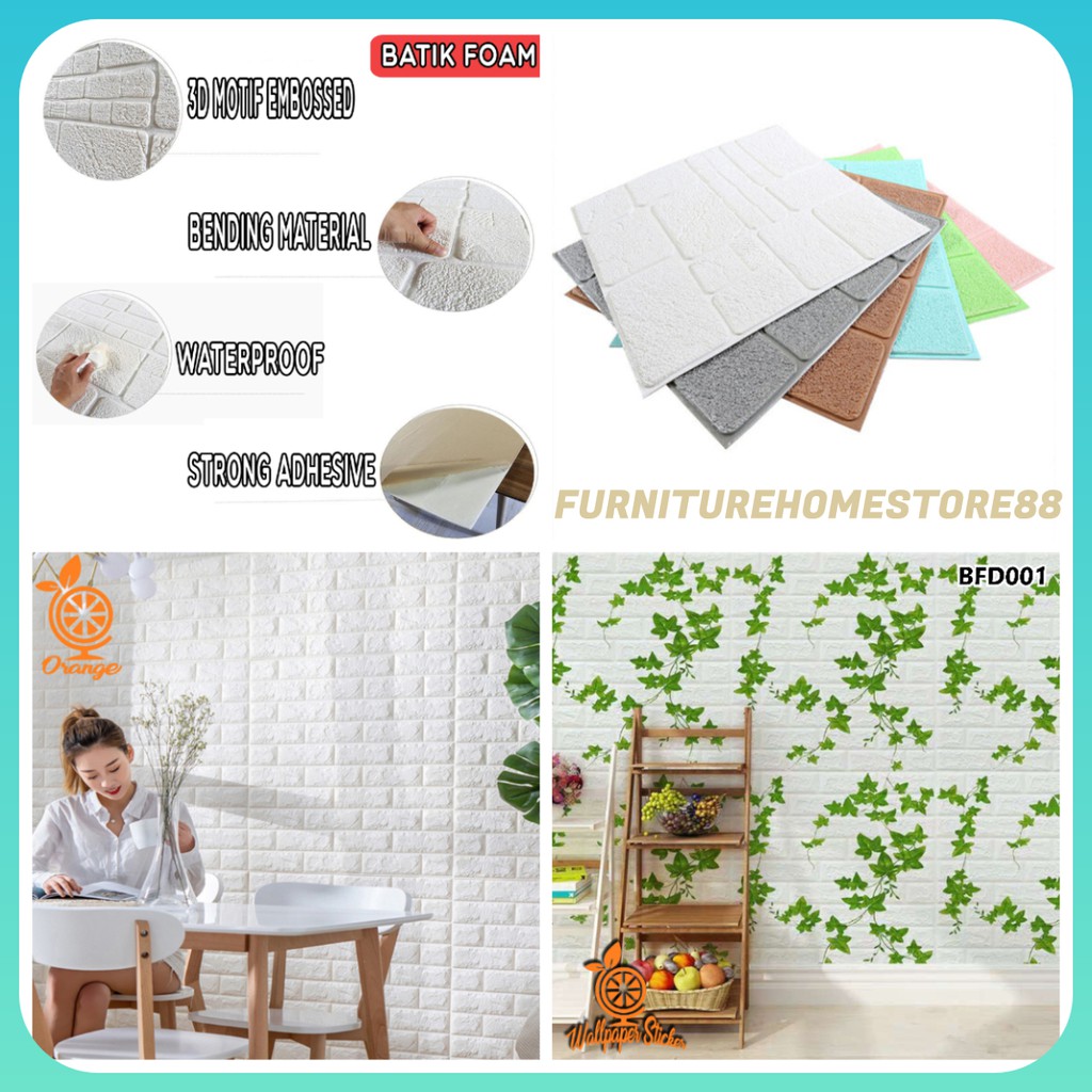 Wallpaper dinding 3D Wallpaper Foam Wallpaper timbul Brickfoam Motif Bata Matte Dan Glossy 3D Ukuran 70Cm X 77 Cm