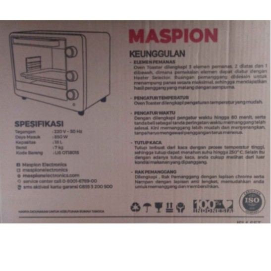 Maspion Oven Toaster 18 Liter MOT 1801 S Oven Panggang Listrik