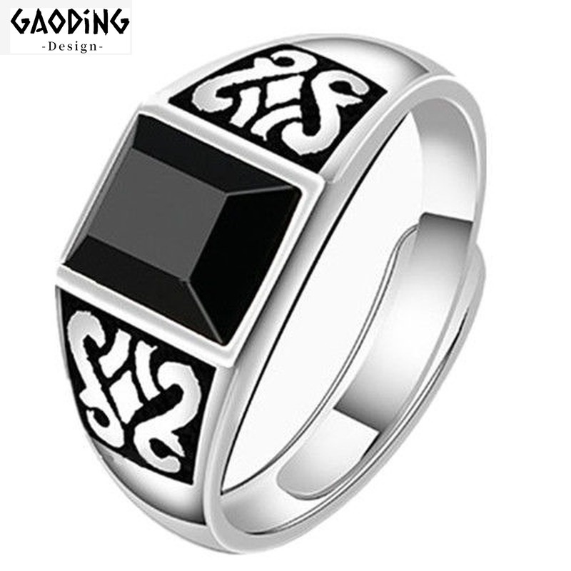 Cincin Pria Model Terbuka Lapis Silver Hias Permata Hitam Gaya Hip Hop Adjustable Untuk Pestahadiah