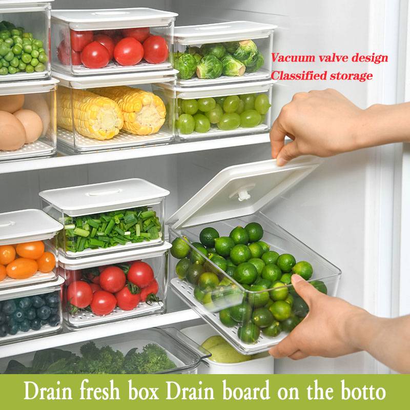 1Pcs Kitchen Transparent Plastic Refrigerator Food Sealed Drain Storage Box
