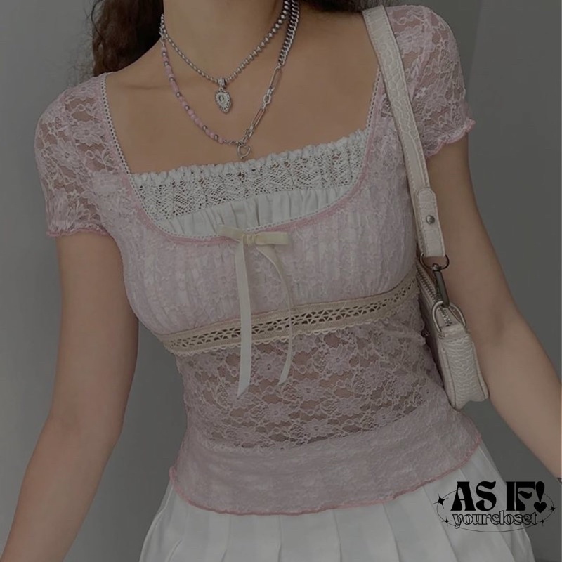 Blair Top / as.if.yourcloset / coquette milkmaid lace ribbon pink y2k top