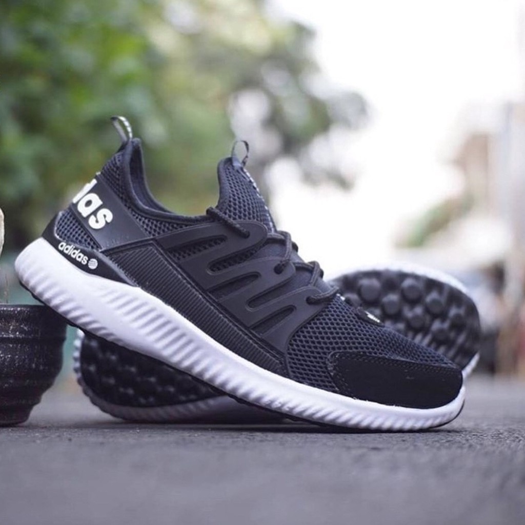 Sepatu Adidas Alphabounce Black White Hitam Putih Sneakers Sekolah Olahraga Running Lari Cewek Cowok