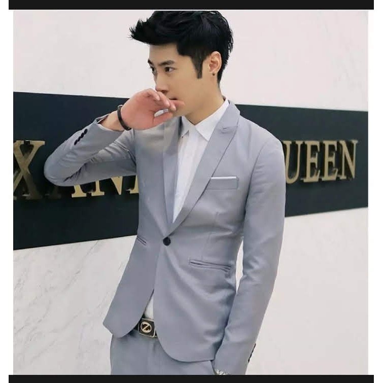 SETELAN BLAZER COWOK FORMAL KEREN 3IN1 - MILKY SOFT GREY ORIGINAL NIKAYU SLIMFIT HIGH TWIST