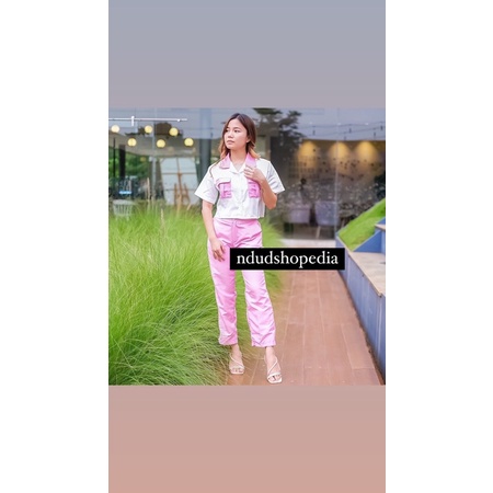 kode 10023 setelan wanita crop top korea celana panjang murah import bagus cute lucu pink lilac ungu