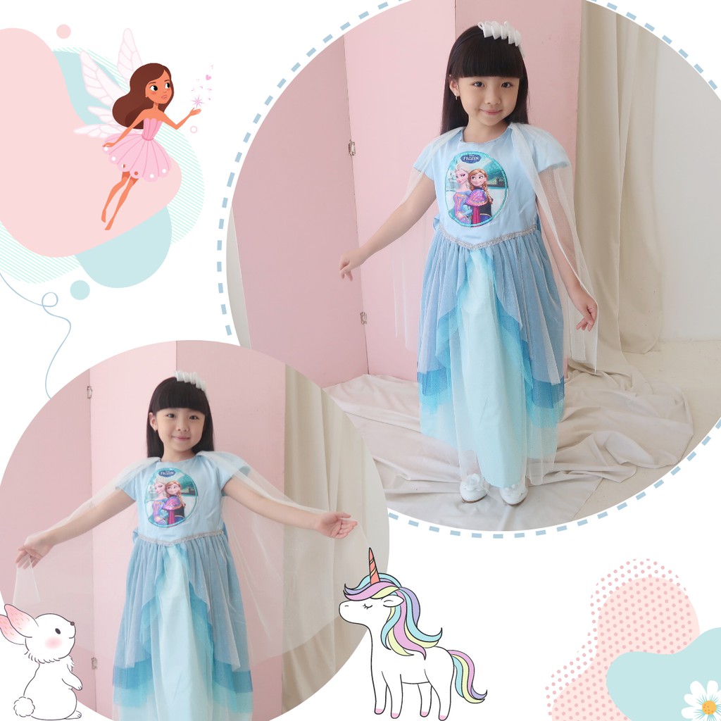 Gaun SNOWY FROZEN Size 5-6 Tahun / Gaun Pesta Ulang Tahun Kostum Princess Elsa Premium Dres Frozen