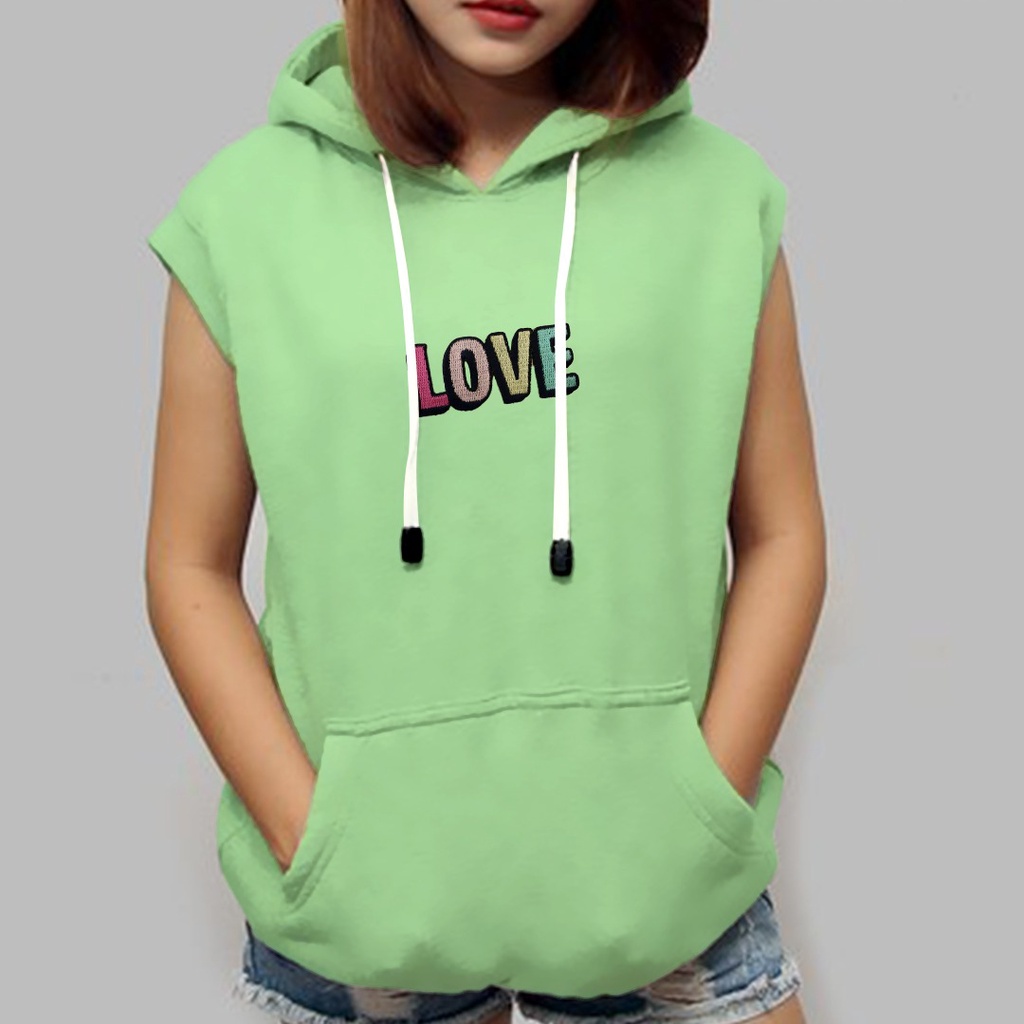 SLEEVELESS HOODIE ROMPI MOTIF BORDIR LOVE / VEST HOODIE WANITA TEBAL