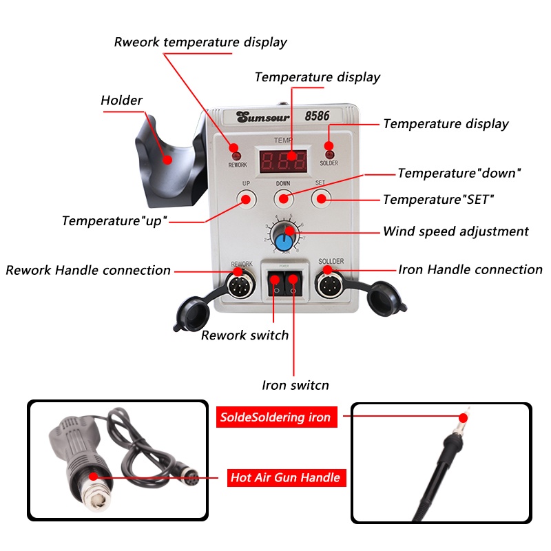 Stasiun Solder 8586 700W 2 in 1 Digital Display SMD Ulang Hot Air Gun Solder Besi 220V ESD Las Pematrian Alat Perbaikan