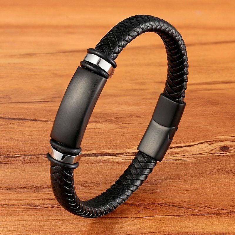 original gelang kulit pria hitam sisi dua silver tiga varian ukuran / gelang kulit pria premium