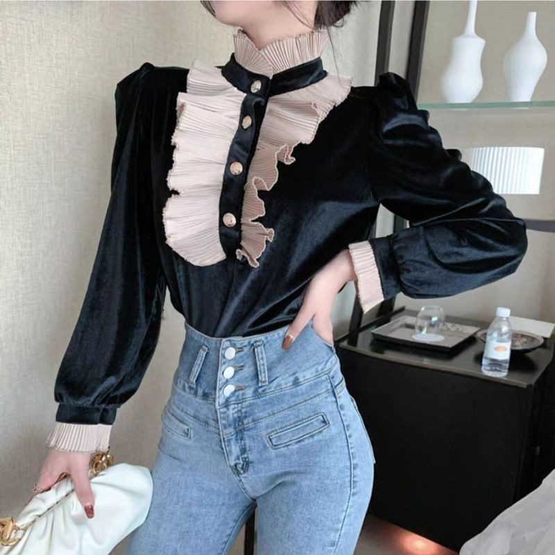 8725 Atasan renda katun import wanita Atasan lengan panjang renda katun import wanita Pakaian Cewek