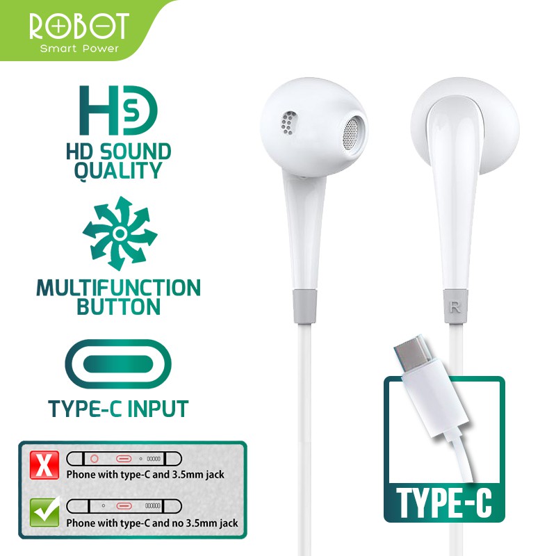 Headset Robot RE701 Wired Headset Wired Earphone Bass Android iPhone Original - Garansi 1 Tahun-RE701C White