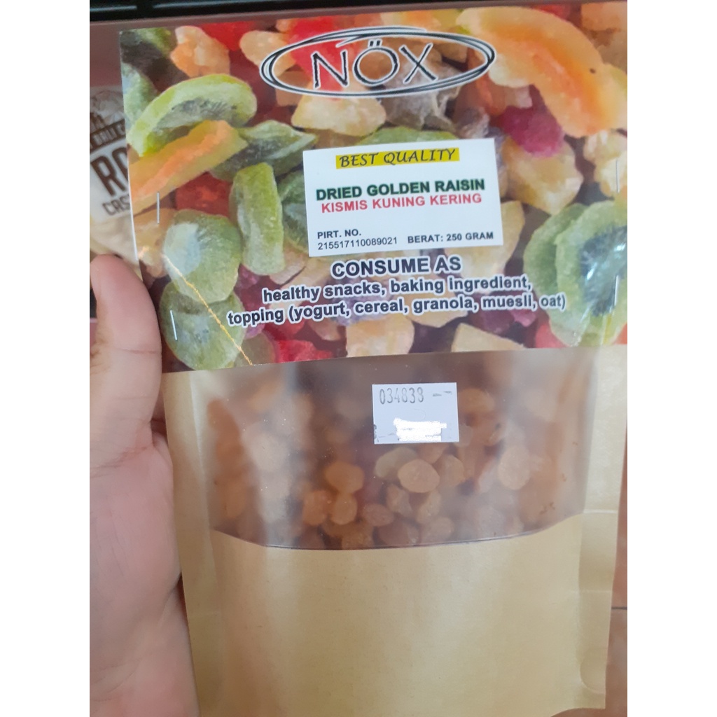 

HEALTHY SNACKS DRIED GOLDEN RAISIN/ CEMILAN SEHAT KISMIS KUNING KERING “NOX” ASLI BALI 250GR