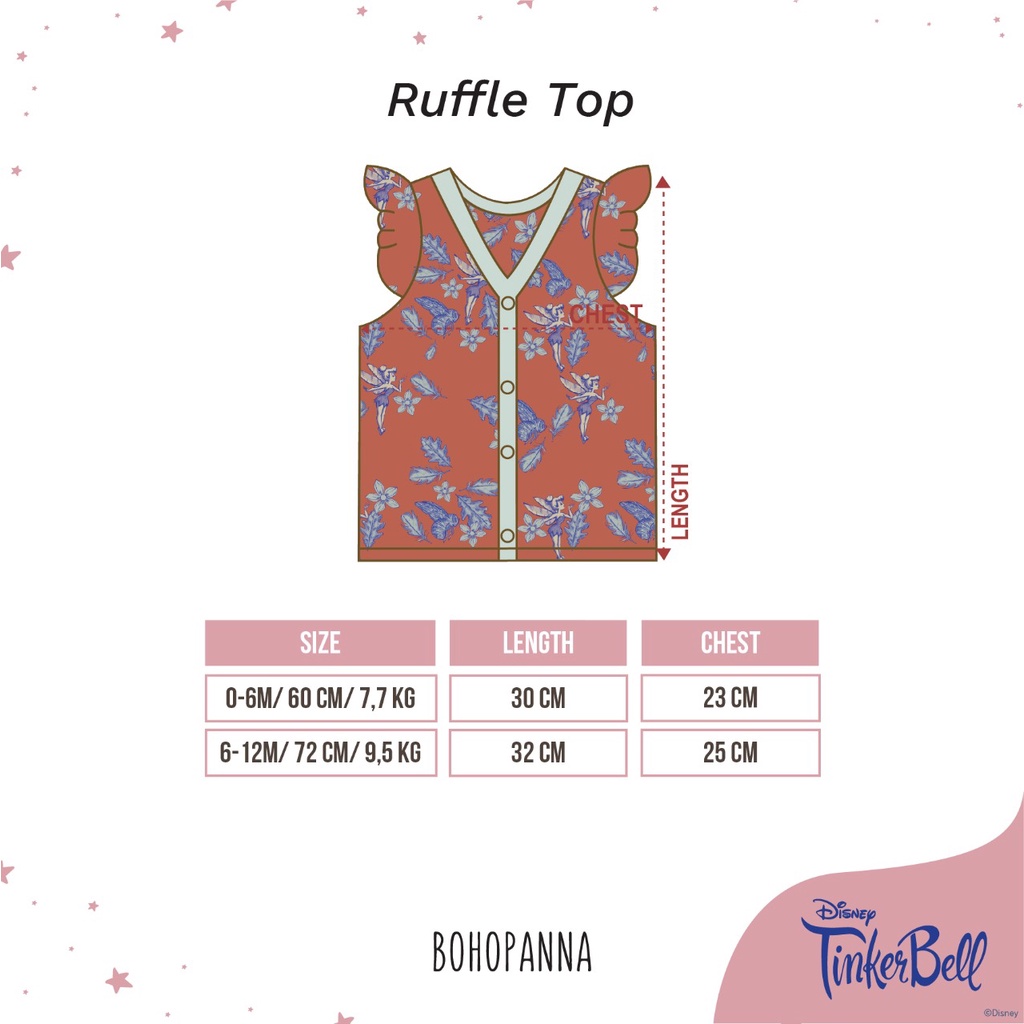 BOHOPANNA x DISNEY TINKER BELL RUFFLE TOP PRINT ATASAN BAYI ATASAN ANAK PEREMPUAN BOHOBABY 0-10 Tahun