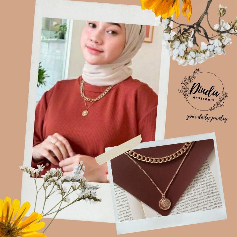 Kalung Hijab 2 layer ootd kalung jilbab kalung rantai lapis korean style emas perak gold koin silver