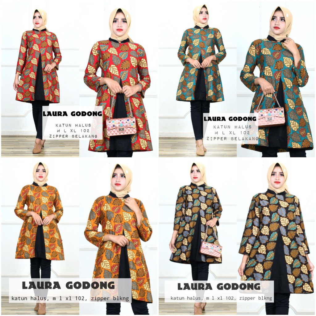 Tunik Laura Godong Seling Warna Aksen Belahan Depan Batik Muslim Kantor Midi