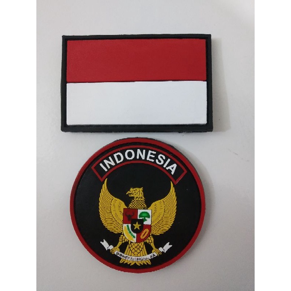 Patch rubber satu set bendera merah putih dan logo garuda bulat / tempelan eblem karet velcro