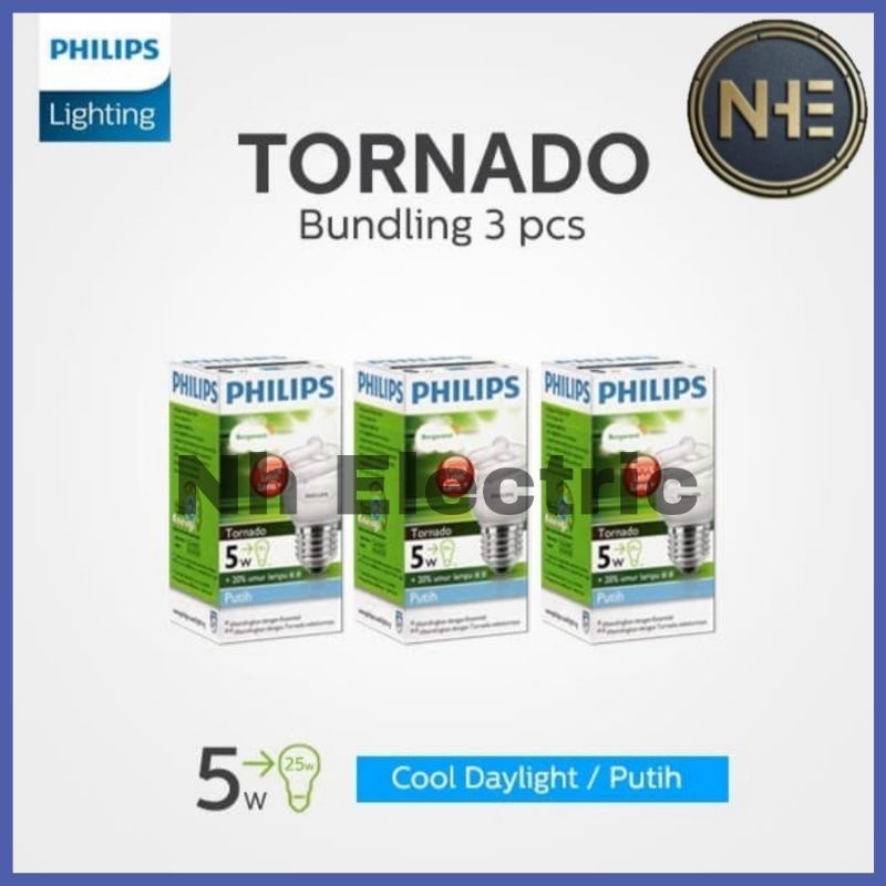 Lampu Philips Tornado 5W Watt Putih CDL E27 - Spiral 5 Watt Philips White 220V SNI Bundling 3 Pcs