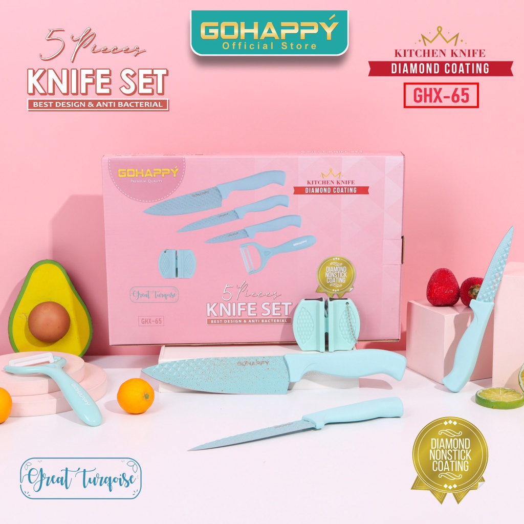 PISAU SET 5 PC DIAMOND GOHAPPY PINK OR TOSCA Pisau Tajam knife set 5 IN 1 anti bacterial (GHX65)