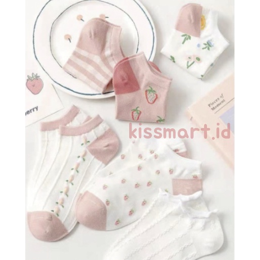 Kaos Kaki Strawberry Wanita Fashion Stroberi Bunga Kaoskaki Pendek Korea Sock Import