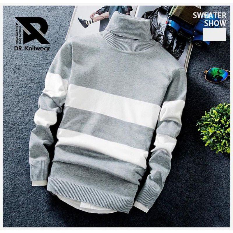 Sweater Hoodie Turtleneck Rajut Pria Sweater Strip